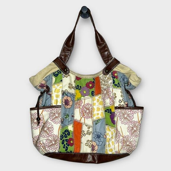 FOSSIL colorful floral patchwork canvas tote purse shoulder bag spring boho - Picture 2 of 5